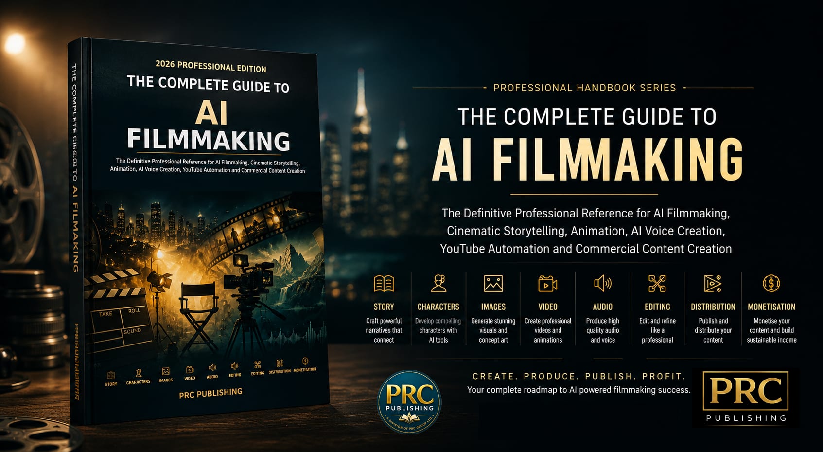 Marketing graphic for The Complete Guide To AI Filmmaking, showing the book cover alongside the eight subject areas covered: Story, Characters, Images, Video, Audio, Editing, Distribution and Monetisation