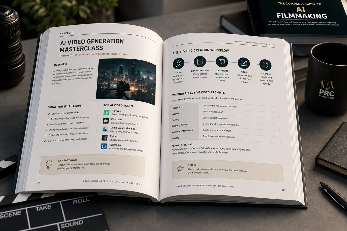 Interior spread from The Complete Guide To AI Filmmaking, showing Chapter 7: AI Video Generation Masterclass, shown as an open book on a desk
