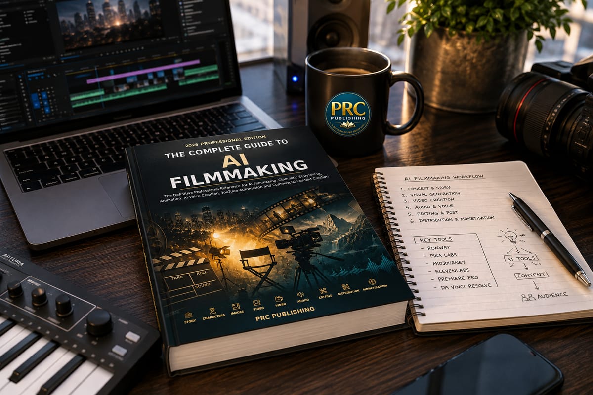 The Complete Guide To AI Filmmaking book in a creative workspace alongside a laptop, microphone and notebook